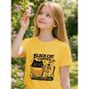 European sizes Girl's Coffee Cup Black Cat Pattern Short-Sleeve T-Shirt, Kids' Summer Casual Top, Comfortable and Versatile