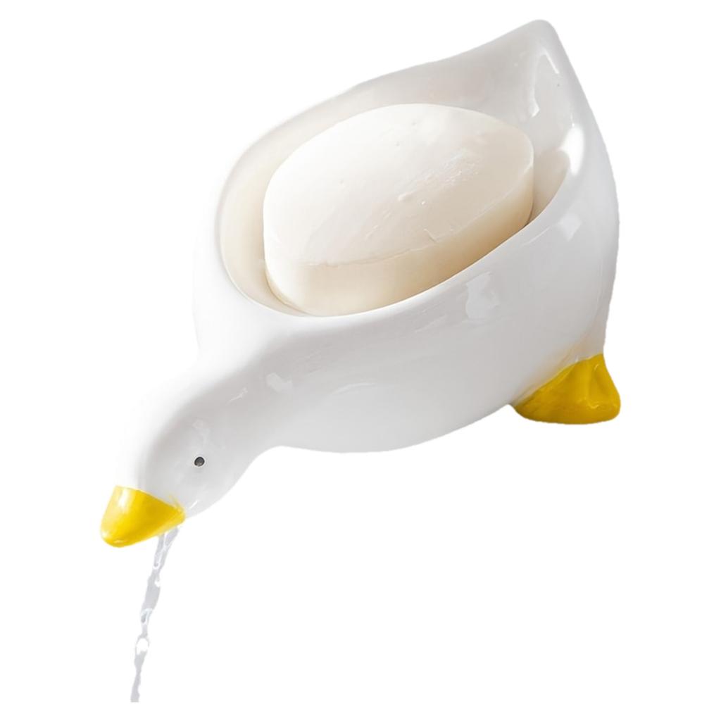Cute Duck-shaped Self-draining Soap Dish, waterfall drainage design, hygienic plastic soap holder for bathroom use.