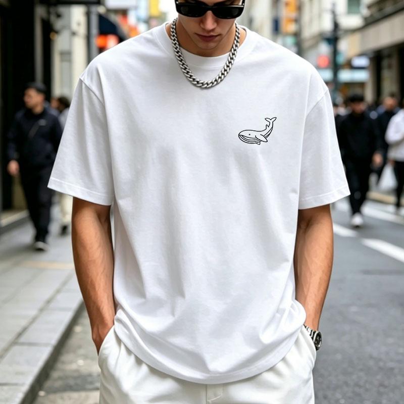 Unisexs Summer Cotton Fashionable Casual Sports Loose Large Whale Pattern Printed Round Neck Short Sleeve Tshirt Top