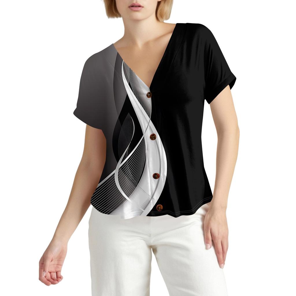 Женская модная футболка с короткими рукавами и V-образным вырезом, цветным принтом в стиле пэчворк, на пуговицах