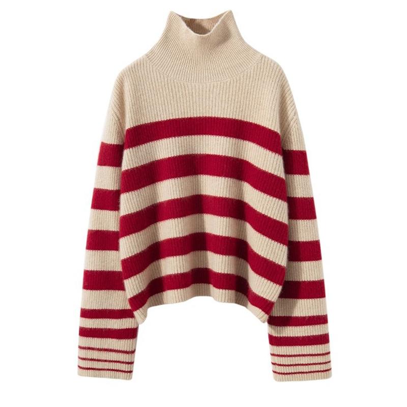 Вязаный свитер, женский модный полосатый термостойкий топ с высоким воротом, свободный пуловер
