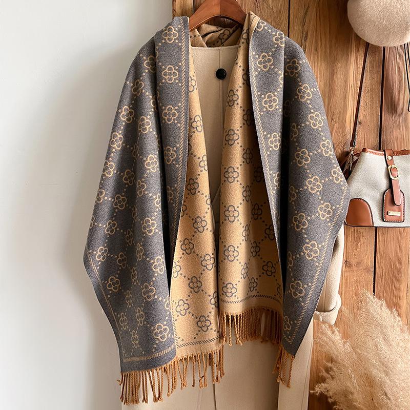 Модный зимний теплый кашемировый шарф для женщин, дизайнерские шали и накидки, буфанды, толстое пашминовое одеяло, пончо, кисточка, эшарп