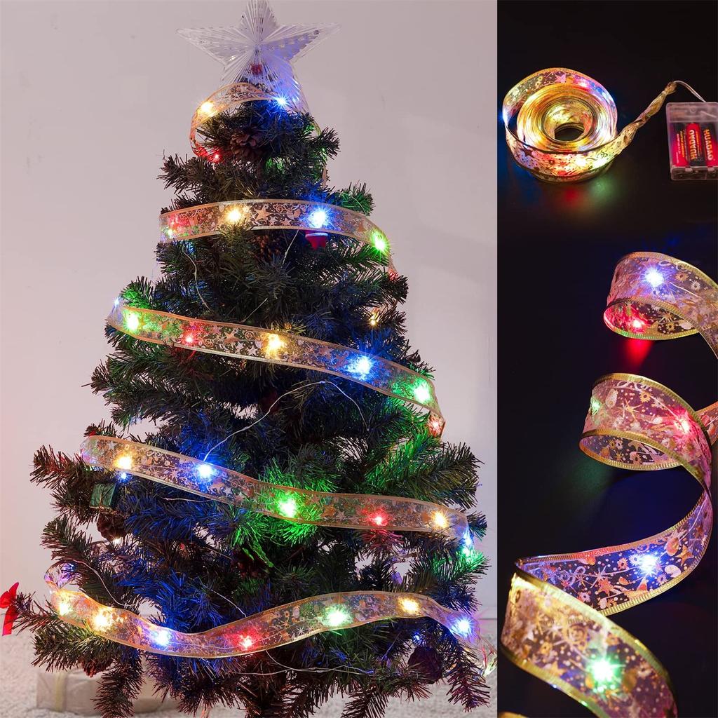 2023 New Year Xmas Christmas Decor Ribbon Lights Double Layer Copper Wire Ribbon Strings Lights For Weddings Christmas Tree Decorations