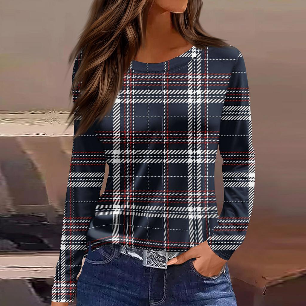 Women's Fashion Casual Slit Hem Round Neck Long Sleeve Loose Printed T-Shirt Ladies Top