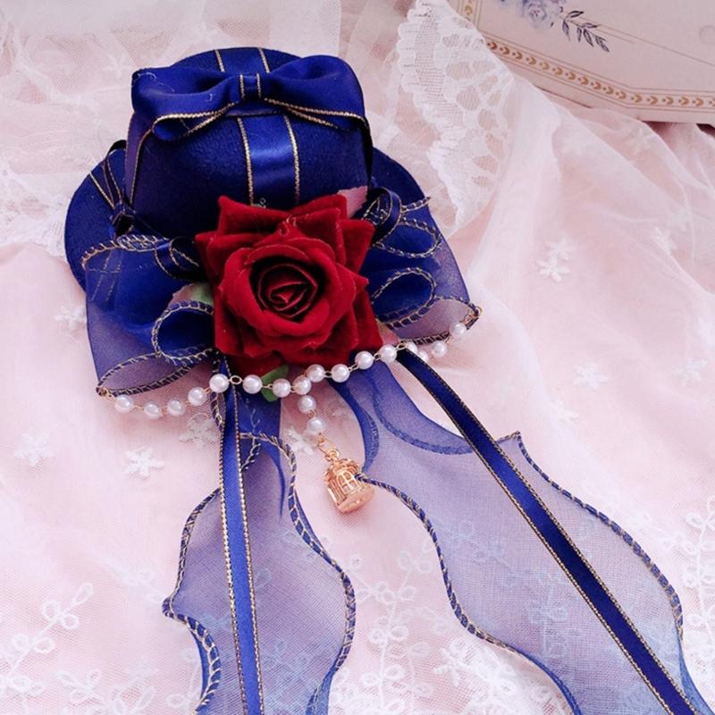 Gothic Lace Flat Top Hat with Veil Ribbon for Women Cosplay Party Costume Day of the Death Headpiece Holiday Accessories