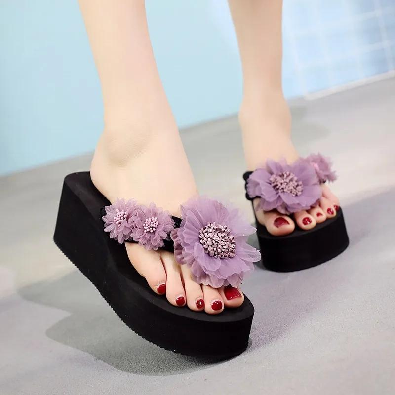 Flower Slope Heel Flip-flops Thick Soled High Heeled Slippers Women Beach Anti-skid Slippers Fashion Lightweight Comfortable Simple Casual