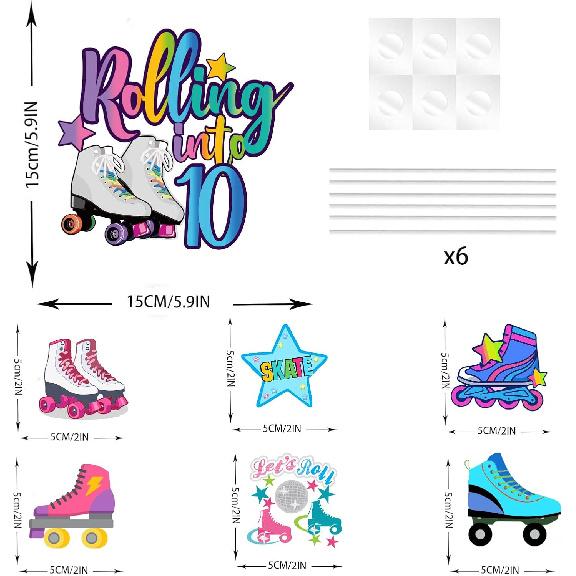 7Pcs Rolling into 10 Theme Cake Toppers Sets Roller Skate Happy 10th Birthday Themed Set Cake Decoration Girls Club Rolling 10 Years Old Supplies