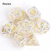 7 Pcs White Yellow Wheel Gear Metal Dice Hollow Metal Polyhedral Dice Set Suitable for Role-Playing RPG Board Game Card Game