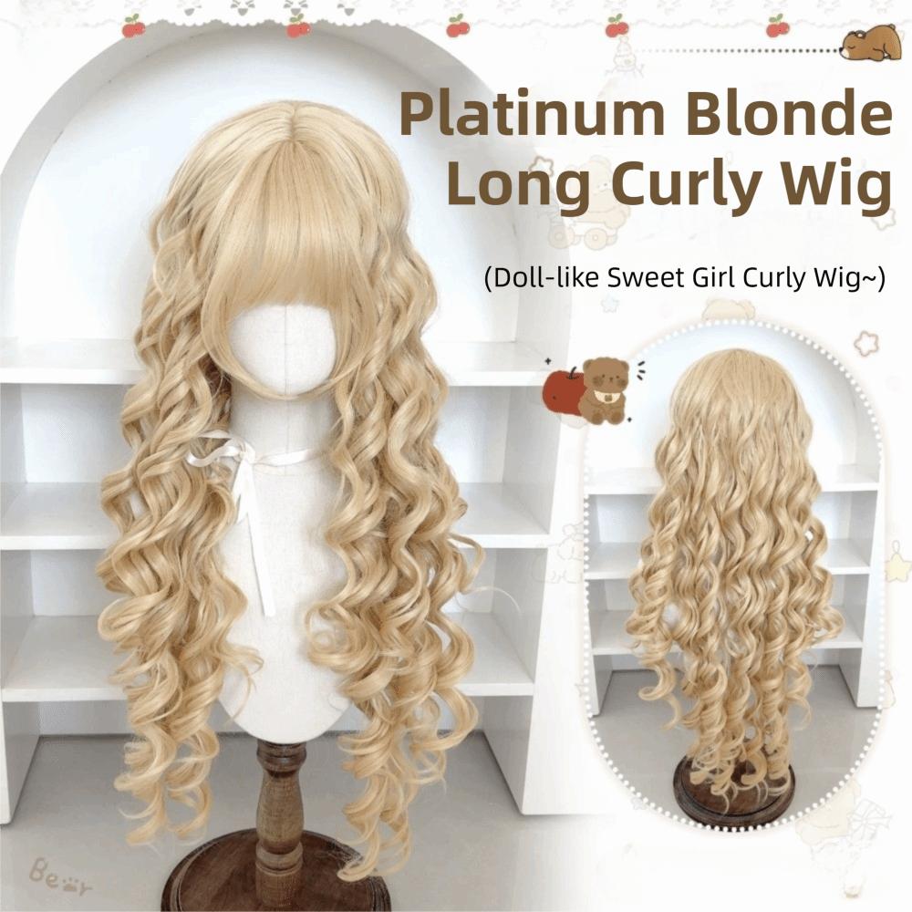 Harajuku Long Blonde Cosplay Wig 28inch Lolita Wig with Bangs Princess Curly Wavy Wig Carnival