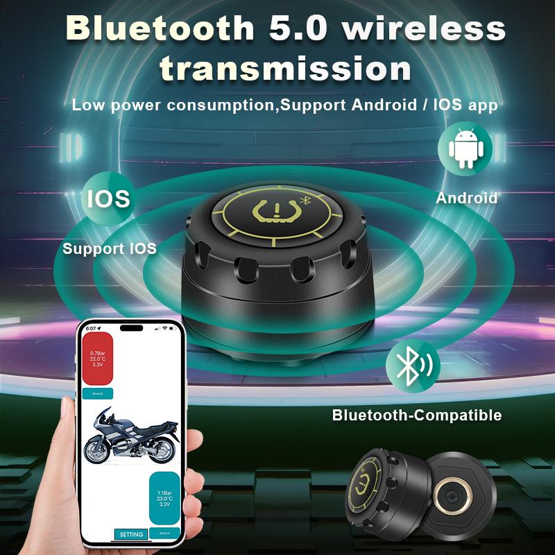 Мотоцикл Автомобиль Система мониторинга давления в шинах TPMS Bluetooth 5.0 Датчик давления в шинах Предупреждение о температуре Монитор Манометр