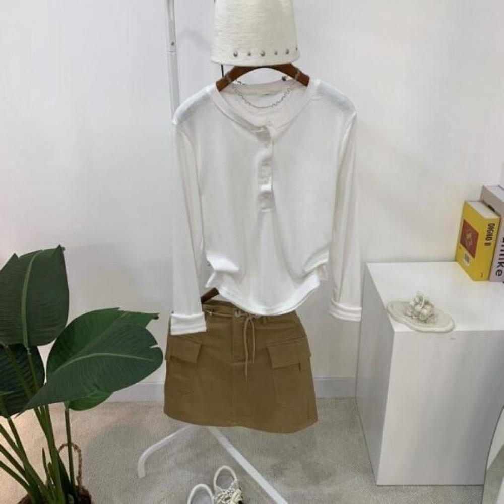 C S In The Room Women CuCkoo BuTTon Round neCk Long Sleeve T ShirT 4Color