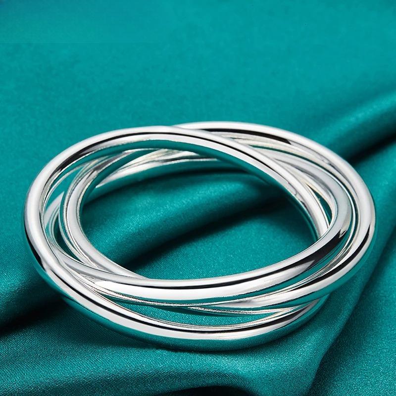 925 Sterling Silver Smooth Three Round Ring Bangles Bracelet for Women Charm Wedding Engagement Fashion Jewelry