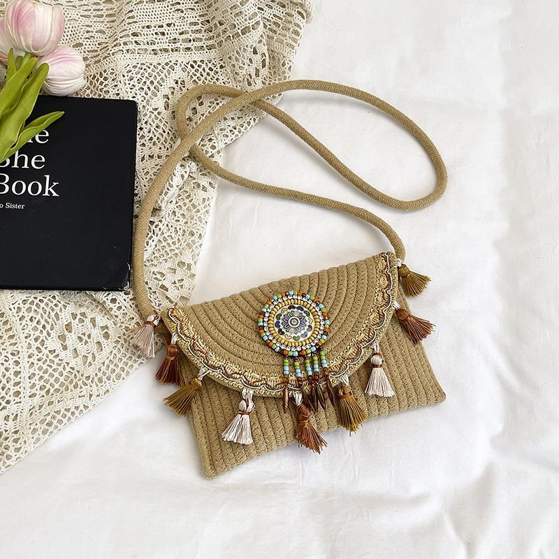 Национальная пляжная плетеная сумка женская летняя новая контрастного цвета с бахромой соломенная плетеная повседневная на плечо сумка-мессенджер