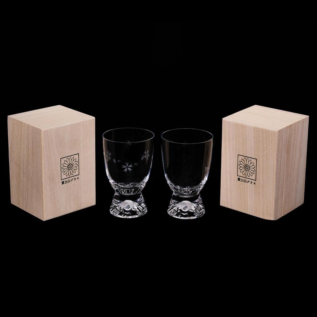 LUGUFON Fuji Glasses with Sakura Kiriko Pair of Stylish and Elegant Rock Handcrafted by Artisans In a Paulownia Wood Perfect for Cold Plum and Perfect