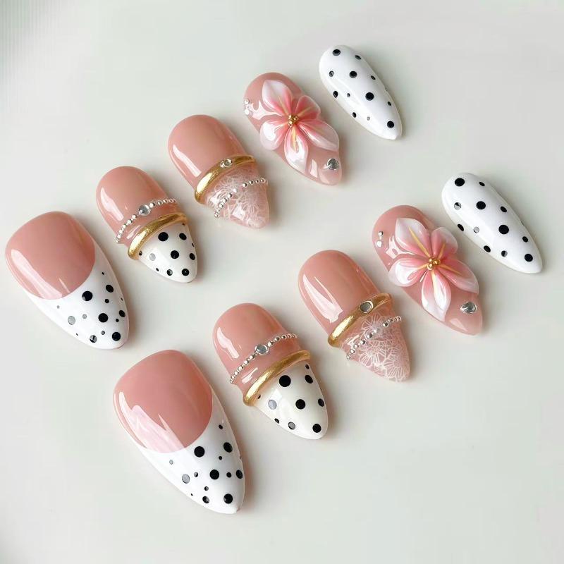 24PCS White Lace French False Nails Simple Black Polka Dots Almond 3D Pink Sweet Flowers Gold Designs Press on Nails Full Cover