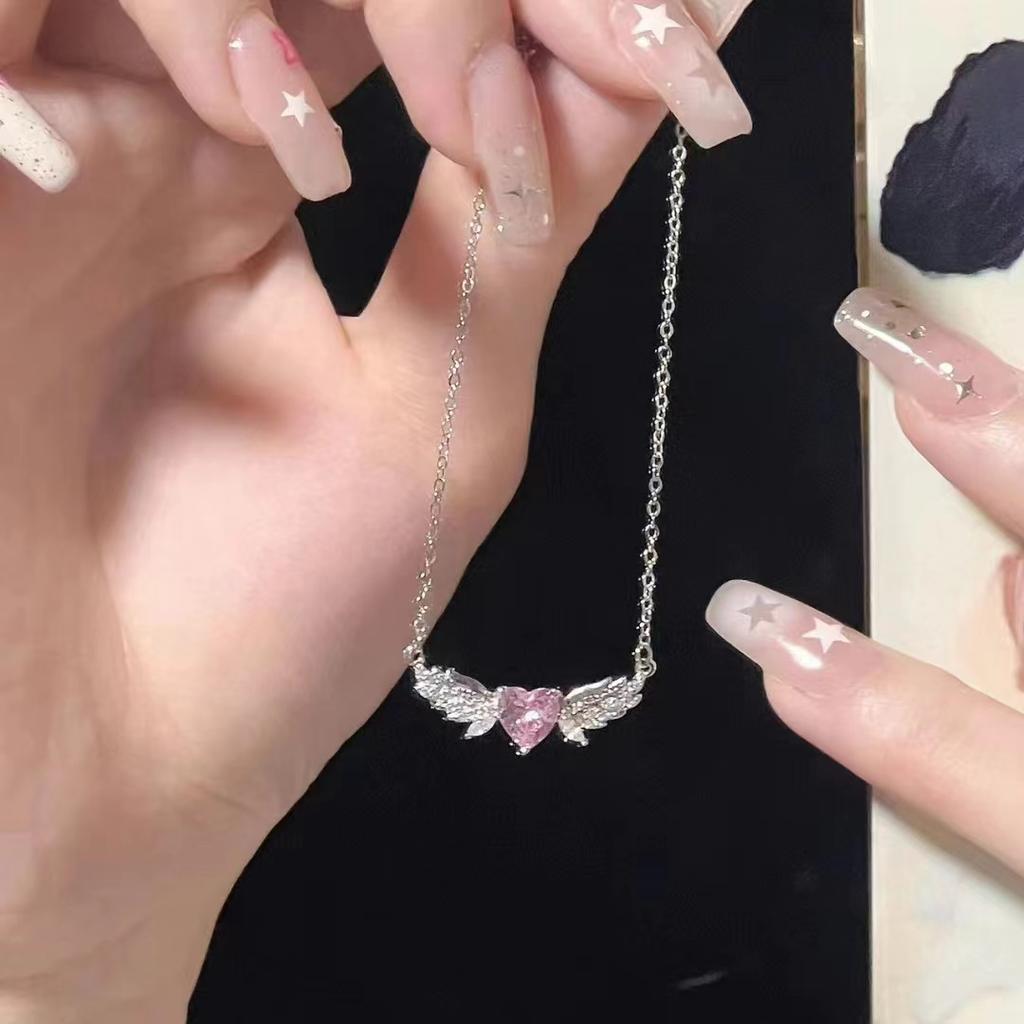 Ожерелье с розовыми бриллиантами и крыльями ангела для женщин, легкое, роскошное, нишевое, дизайн, женская мода, стиль Ins, изысканная, подарочная цепочка на ключицу