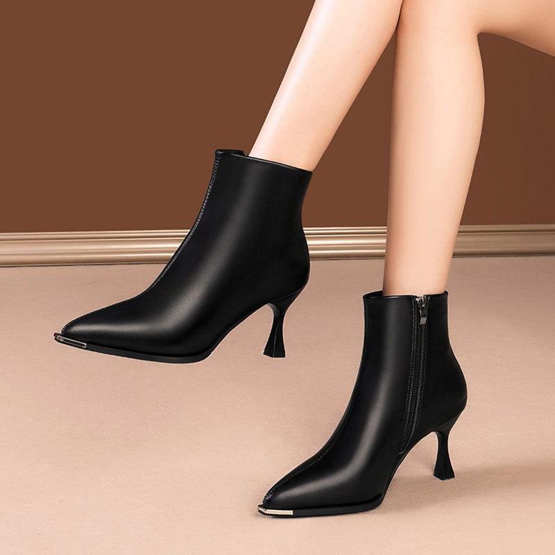 French Ankle Boots Feminine Temperament Pointed High-heel Short Boots 2024 Winter New Fashion Slim Heel Zipper Commuting Boots