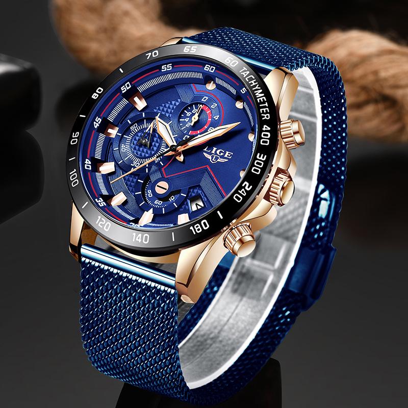 LIGE 2020 New Mens Watches Wrist Watch Quartz Clock Blue Watch Men Waterproof Sports Chronograph