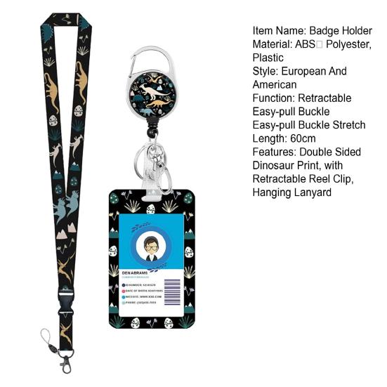 1 шт. Бейджхолдер двусторонний с принтом динозавра, с выдвижным клипом-катушкой и подвесным шнурком, держатель для офисной ID-карты