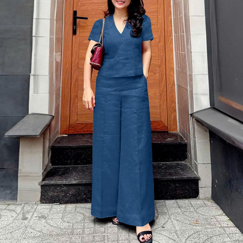 ZANZEA Женский повседневный костюм из двух частей с коротким рукавом и брюками