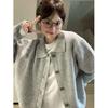 Gray Retro Turn-Down Collar Knit Cardigan Sweater for Autumn-Winter.