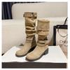 2025 новые плиссированные ботфорты-чулки, женские ботинки на толстом каблуке, универсальные ботинки из мягкой кожи, ковбойские сапоги, высокие сапоги-рыцари