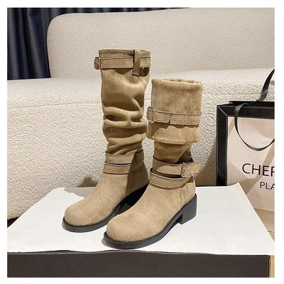 2025 новые плиссированные ботфорты-чулки, женские ботинки на толстом каблуке, универсальные ботинки из мягкой кожи, ковбойские сапоги, высокие сапоги-рыцари