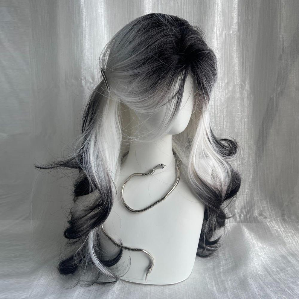 Длинный Волнистый Синтетический Черный Омбре Белый Парик Пушистый Женский Термостойкий Парик для Ежедневной Вечеринки Лолита Косплей