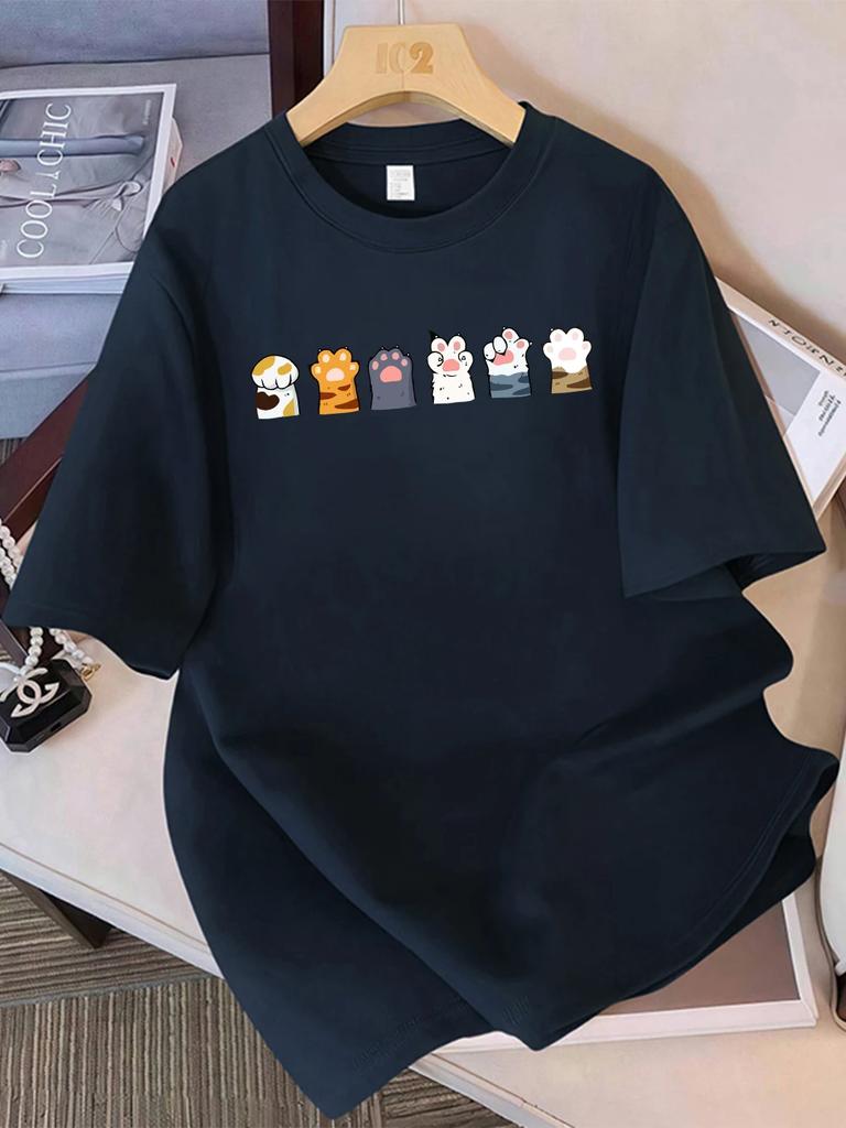 Принты с комбинациями кошачьих лап разных цветов Летние футболки Женские футболки с коротким рукавом Мягкие топы с круглым вырезом Базовая одежда