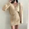 Knitted Long Sleeve Sweater Two Pieces Set Women Korean Fashion V-Neck Bodycon High Waist Mini Skirt Suit Outfit Winter