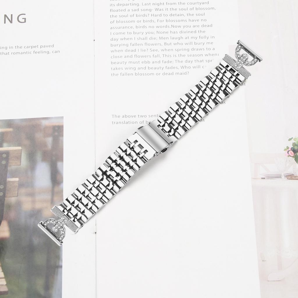 Watch Band for Samsung Galaxy Watch3 41mm/Watch Active2 44mm/40mm 7-Bead D-Shape Rhinestones Decor Silver Stainless Steel Strap