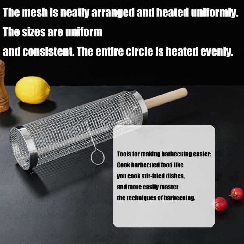 Steel Rotating Grill Basket With Hanging Hook and Wood Handle For Even Cooking And Effortlessly BBQ Food Flipping
