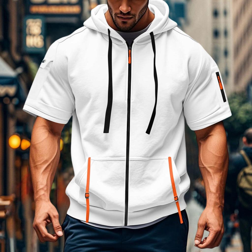 Men's Casual Short-sleeved Sweatshirt. Loose And Breathable Solid-color Sweatshirt Jacket With Multiple Pockets And A Zipper.
