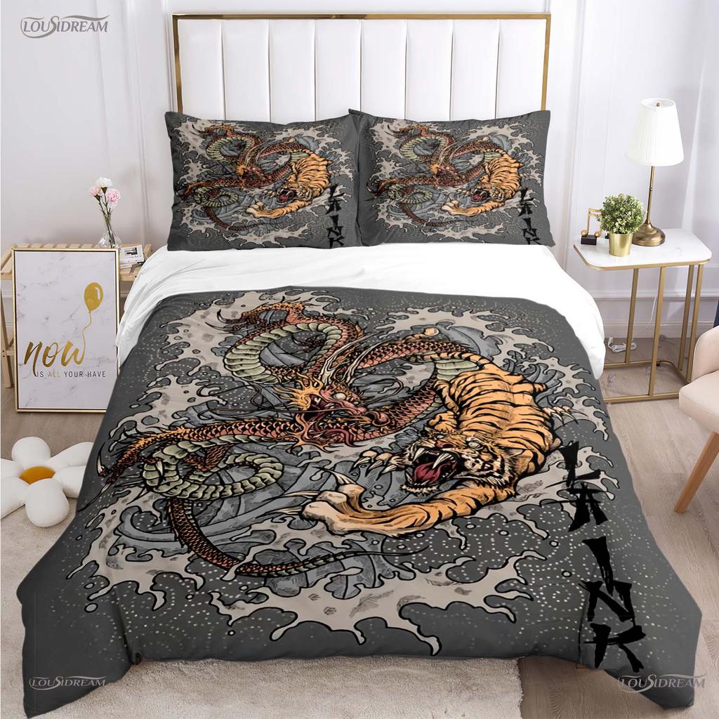 Fashion Dragon and Tiger Battle All Season Duvet Cover Bedding Sets Soft Quilt Cover and Pillowcases Single/Double/Queen/King