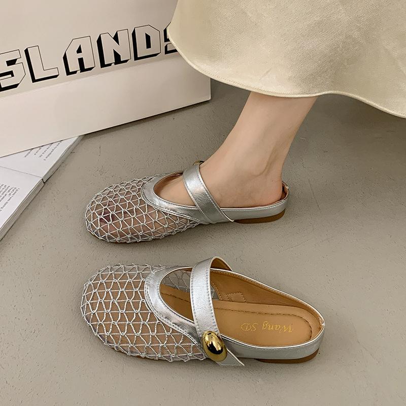 Туфли на плоской подошве во французском стиле с сетчатой поверхностью, дышащим носком, полутапочки для женщин, летние противоскользящие шлепанцы