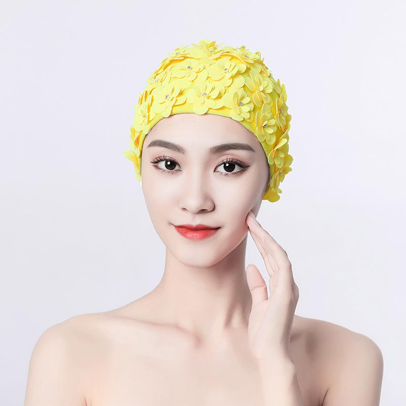 Шапочка для плавания женская с бриллиантовым цветком ручной работы, трехмерная, прошитая вручную, трехслойный цветок, не сдавливает голову, двойная ткань, для плавания, спа