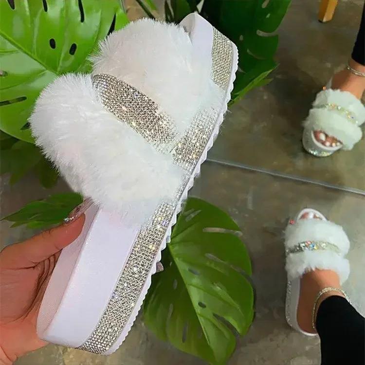 Fashion Women Casual Slippers Fashion Rhinestone Suede Platform Flats Outdoor Comfortable Indoor Female Slippers Chinelo Nuvem