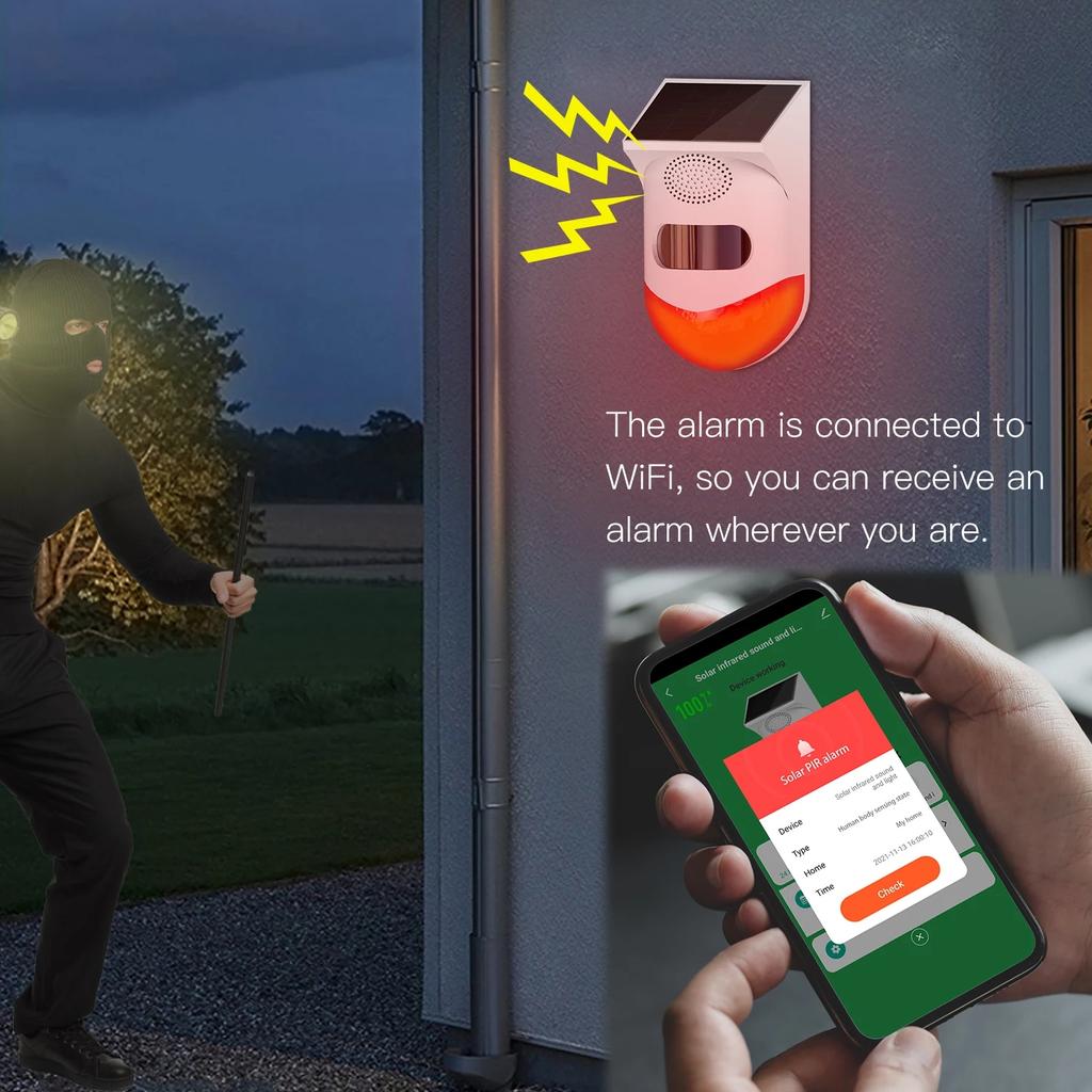 Tuya Умный WiFi Инфракрасный Детектор Движения Солнечный Уличный PIR Беспроводной Стробоскопический Сигнализатор Сирена Звуковая Тревога Водонепроницаемый Пульт Дистанционного Управления