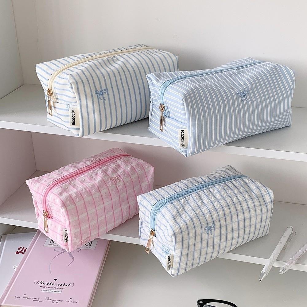 Large Capacity Cosmetic Bag Striped Bow Embroidery Pen Bag Portable Makeup Pouch