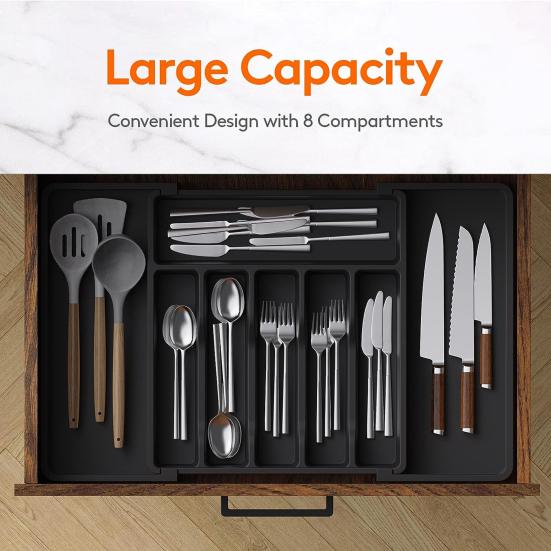 Expandable Utensil Tray Thickened 8 Compartments Easy Sorting Adjustable Width Countertop Organization Tray