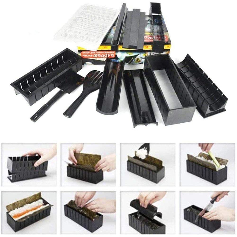 10pcs/set Sushi Making Kit Plastic Japanese Cuisine Maker Tool with Rice Roll Mold Fork Spatula Tools Black for Cooking Picnics