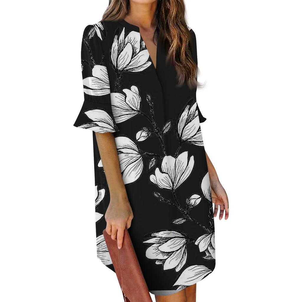 Женское платье с объемными рукавами и гавайским принтом, V-образным вырезом и принтом