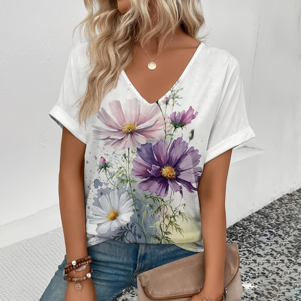 Summer New 3D Printe T-shirt Women's V-neck Top Summer Daily Short-sleeved White Comfortable Street T-shirt