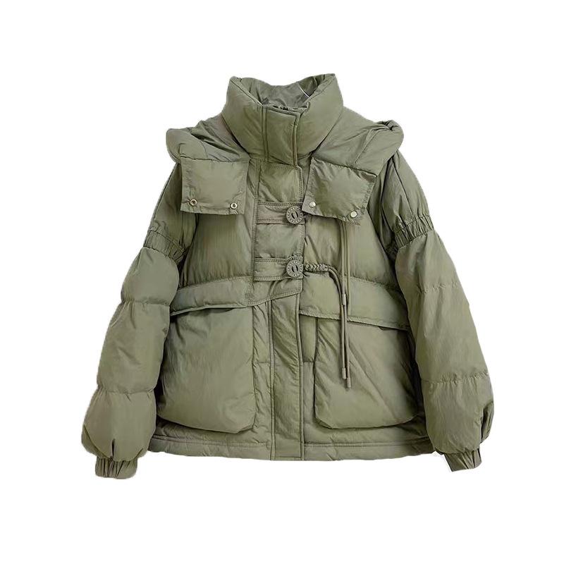 Модная круглая пуховая куртка женская короткая зимняя 2024 с капюшоном утолщенная теплая свободная белая куртка на утином пуху прилив