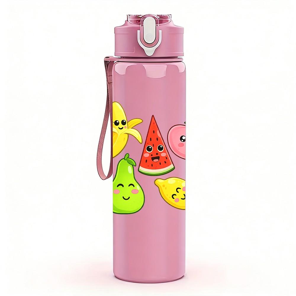 1PC Mixed Cartoon Fruit Sliced Print 750ml Color Plastic Sports Water Bottle Leakproof Flip Straw Lid Suitable for Sports Office Home Use