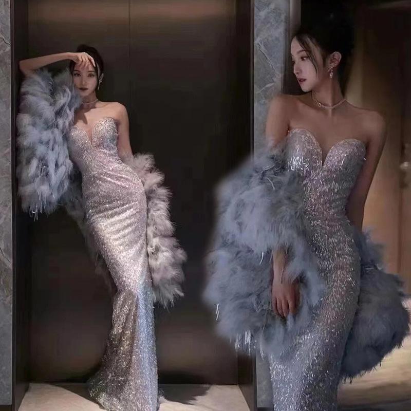 S sexy gray tube top fishtail evening dress 1011 new summer bride toasting dress host performance wedding ceremony