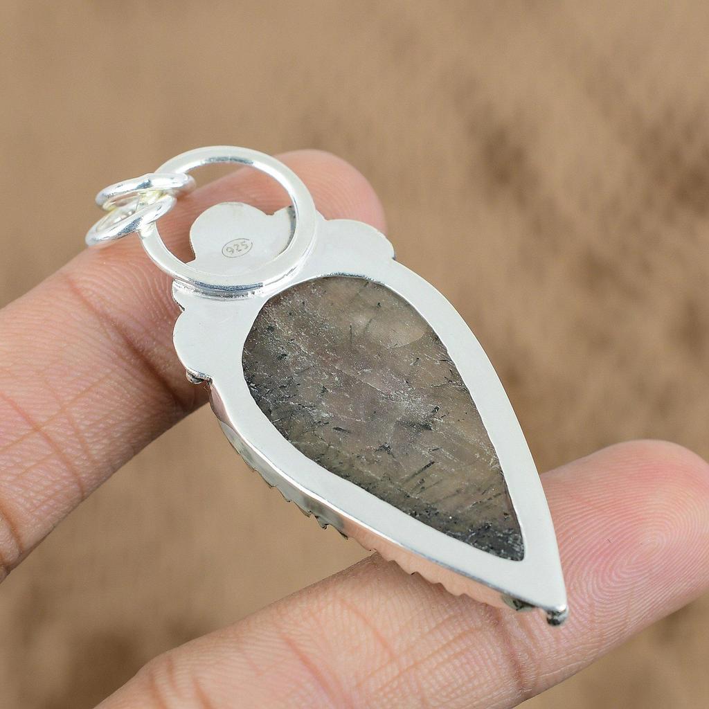 Wedding Gift For Her 925 Silver Natural Black Rutile Gemstone Pendant Flower