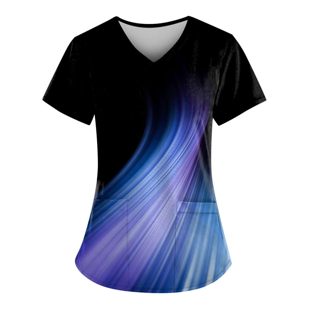 Рабочая форма больших размеров с принтом, топы для женщин, забавные футболки с v-образным вырезом и короткими рукавами, рабочая одежда, футболка с карманами