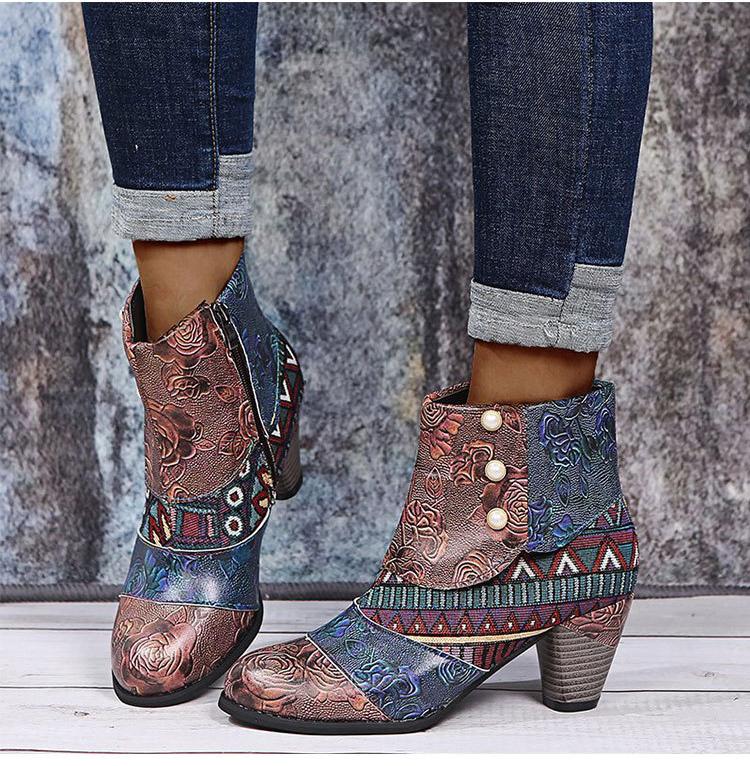 Fashion Ankle Boots Women Autumn PU Women's Shoes Ethnic Waterproof Casual Vintage Shoes Zipper High Heel Short Boots Botas Mujer