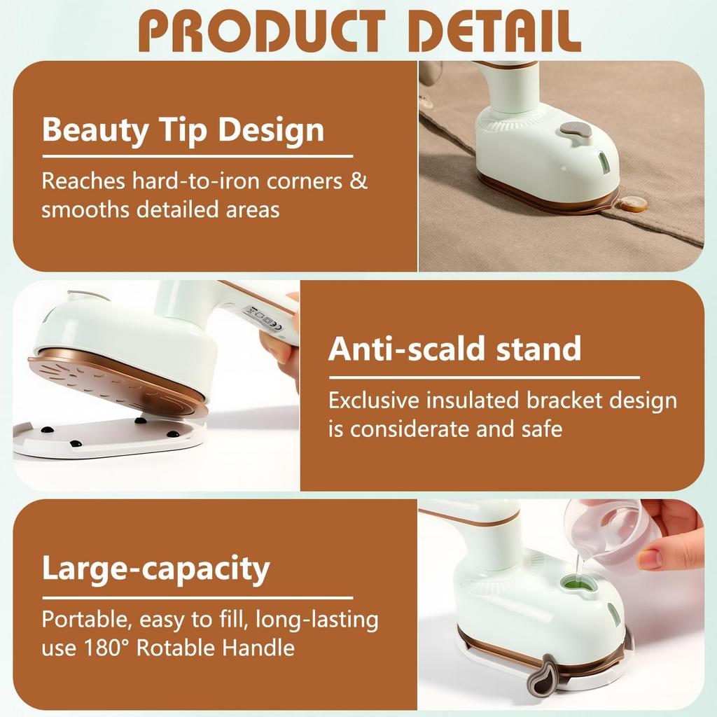 2-In-1 Handheld Portable Steam Iron, Saker Portable Steamer for Clothes 180° Swivel Handle, Lightweight Mini Travel iron for Home